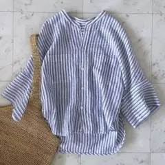 美品＊マカフィー フレンチリネン ハーフスリーブシャツ ストライプ 麻100%