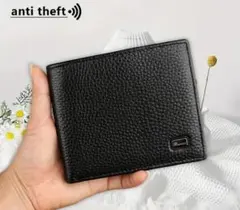 RFID対応 本革 牛革二つ折り財布 ブラック メンズ コインポケット付き
