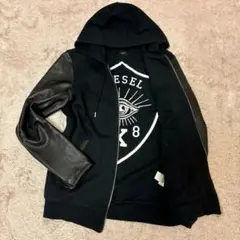 【極美品】 DIESEL ディーゼル ジップパーカー レザー切替 袖レザー 黒