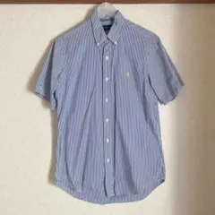 ラルフローレン　半袖シャツ　ストライプ　ブルー　ダウンボタン　イエローロゴ
