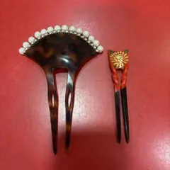 かんざし 2点セット べっ甲調 パール飾り 赤 菊柄 和装髪飾り