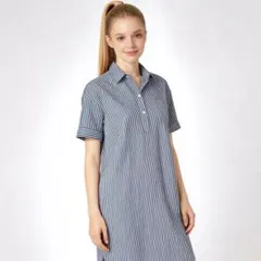 《美品》DANTON ストライプ ロング シャツワンピース ロゴ 白 ブルー F