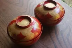 時代逸品！時代金縁朱漆に極上牡丹蝶螺鈿蒔絵の映えるお椀2点（検輪島塗蒔絵椀雑煮椀 デッドストック！時代金縁朱漆に優美な富士山蒔絵の映えるお椀2