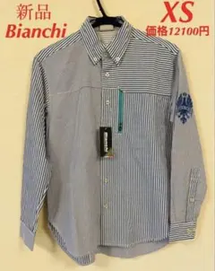 Bianchi ビアンキ　 長袖ストライプシャツ　XS 刺繍ロゴ　ブルーのサムネイル