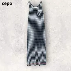 cepo セポ　ノースリーブワンピース　ロング丈　ボーダー柄　M 綿　紺×白のサムネイル