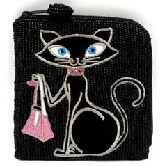 猫デザイン ビーズ製 カードケース コインケース 小物入れ メークポーチ 黒