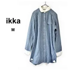 イッカ 長袖ロングシャツ チュニック 丸襟 ストライプ 水色 白 綿100% Mのサムネイル