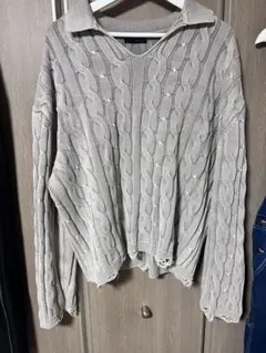 ZARA ケーブルニット ポロネック ダメージ加工 グレー