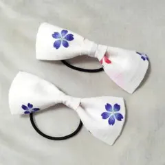 リボンヘアゴム　白　2個　セット　花柄