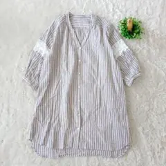 Live in comfort チュニックシャツ 茶 ストライプ 3L　レースのサムネイル