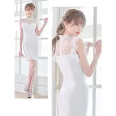 Tika フリルドット柄シースルーハートライン袖なしフレンチスリーブキャバドレス