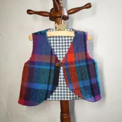 カラフル チェック柄 ベスト　さをり織り　90cm