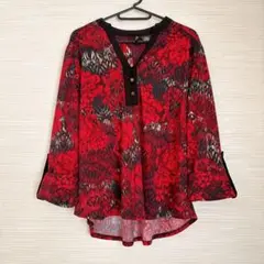 NEW DIRECTIONS 花柄 五分袖 トップス 赤黒 Vネック