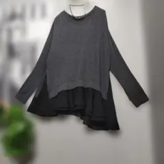 ローブ製 シフォン切り替え極薄ニットグレーのアシンメトリック長袖チュニック