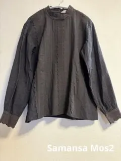 サマンサモスモスSM2 襟元お花と袖ロレースが可愛いブラウスF チャコール