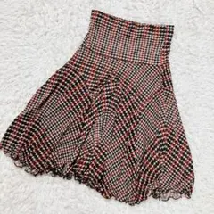 美品 千鳥格子柄 フレアスカート オレンジ 茶 膝丈 レトロ 秋色 裏地付き