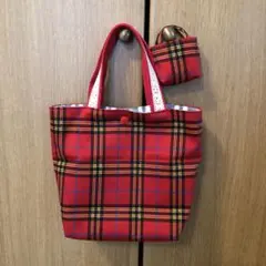 ハンドメイド　ミニトートバッグ　Bチェック/赤　裏あり ミニミニバッグセット