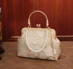 花柄刺繍がま口パーティーバッグ 2way ゴールド 結婚式 成人式 和装 パール