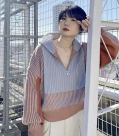 KBF レイヤードハーフZIPニット(オレンジ・水色)