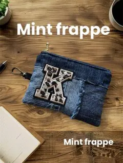 デニムリメイク ミニポーチ　アルファベットワッペン　　レオパード