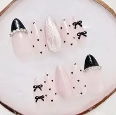 新作お試し価格⑤ネイルチップ　フレンチガーリー　量産型　ワンホン　ハート　リボン