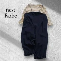 ネストローブ　リネンフリル裾サロペットパンツ　リボン　ワイド　ネイビー　ゆったりのサムネイル