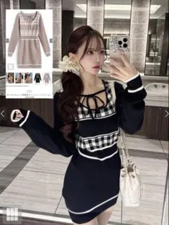 GRL ギンガムチェック柄配色ラインニットミニワンピース ru1353