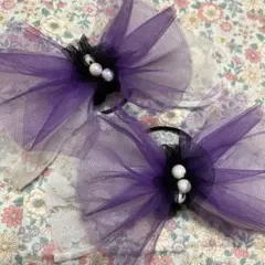 ⚫️08035⚫️チュールリボンヘアゴム⚫️パープル＊ホワイト⚫️2つ組⚫️