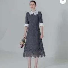 LEJA 花柄レースカラースパンコールAラインフレアドレスブルー S