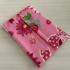 ポケットティッシュケース ピンク コスモス イチゴリボン柄 ハンドメイド