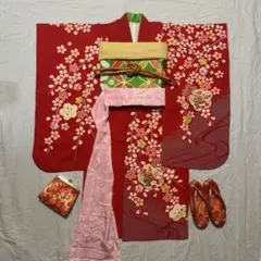 七五三　7歳　正絹　ちりめん　赤　アンティーク　フルセット
