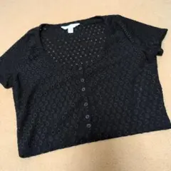 透かし編みデザイン 半袖トップス Mサイズ 黒