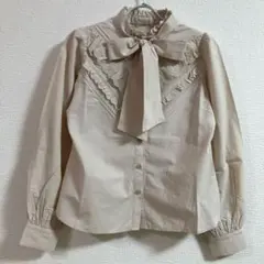 NICE CLAUP リボン付き 長袖 ブラウス ベージュ レース レディース