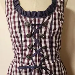 チロリアンワンピース 紫 パープル チェック柄 古着