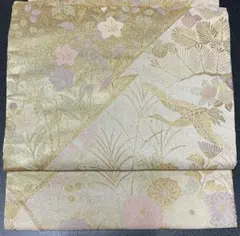 フォーマル袋帯 六通 金系 薄いベージュ系 松 菊 鶴、帯締め付