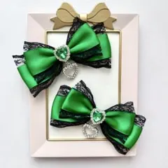 グリーン 黒レース ハートチャーム付き ヘアクリップ 2個セット 緑色