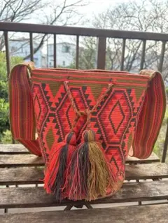 wayuu ワユーバッグ コロンビア製 L オレンジ菱形　シングルスレッド
