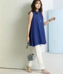 チュニック ふくれジャガード ノースリーブ フレア 体型カバー お尻隠れる