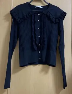 【ZARA】ビックカラー　フリルニット　カーディガン　ブラック　サイズL
