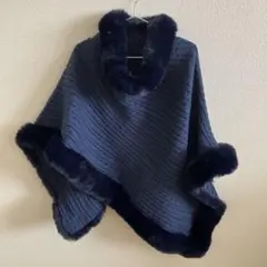 【美品】ファーポンチョ　ネイビー