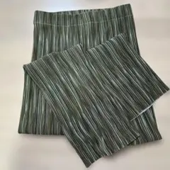 美脚プリーツパンツ M グリーン ストライプ ウエストゴム 楽ちんイージーパンツ
