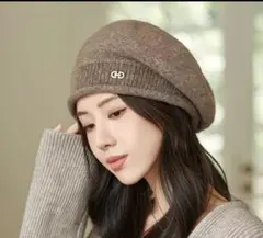 ベレー帽 ニット帽 ロゴ 防寒 保温 韓国 ブラウン 小顔効果春秋冬上品おしゃれ