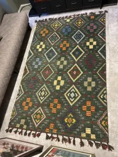 インド製ウール100%カーペット 130x190cm グリーン　ヤードラグ