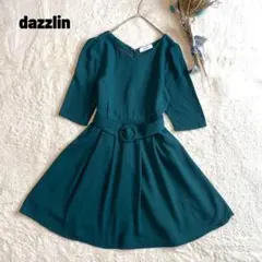 ダズリン レディライクVネックワンピース フレア ベルト付き レトロ 緑 S
