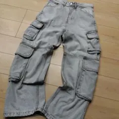 ZARA４ポケット 極太 デニムカーゴパンツ ライトグレー灰色 Lのサムネイル