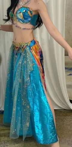 ベリーダンス セットアップ カラフル　衣装　ブラベルト　ブルー　オリエンタル