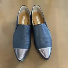 momom ネイビー メタリックトゥ ローファー