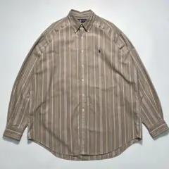 90s ラルフローレン 長袖シャツ グレージュ ストライプ L 刺繍＊,7508