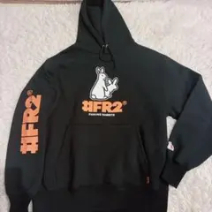FR2 ファッキングラビッツ パーカー フード プリント ロゴ刺繍 黒 裏起毛 FR2 ファッキングラビッツ パーカー フード プリント ロゴ刺繍 黒 裏