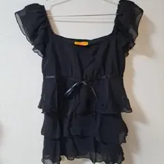 ■グラマラスガーデン■フリルチュニック/ブラック/パーティー/シフォン/胸リボン